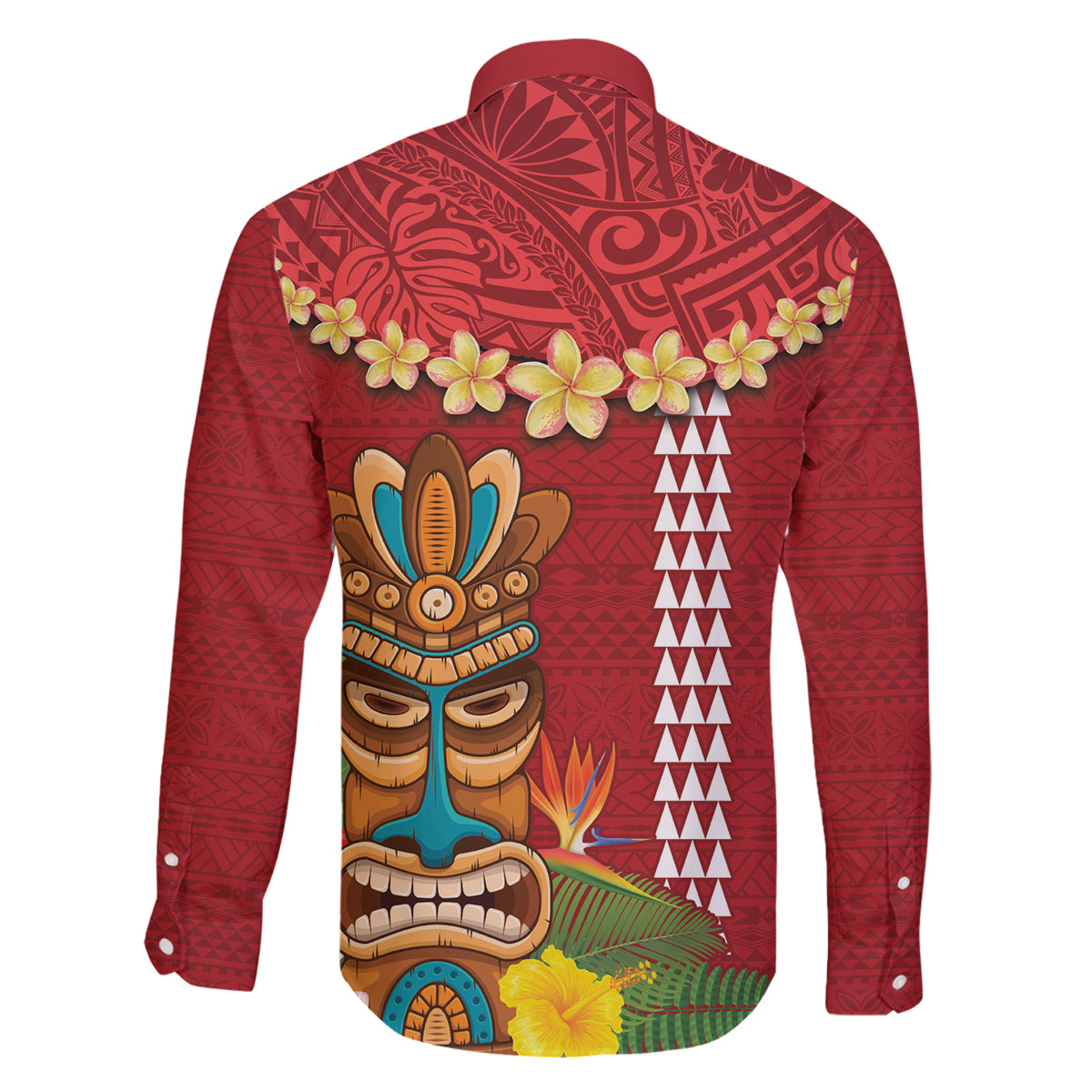 Hawaii Plumeria Lei Family Matching Off Shoulder Maxi Dress and Hawaiian Shirt Tiki and Kakau Pattern Red Color LT03 - Polynesian Pride