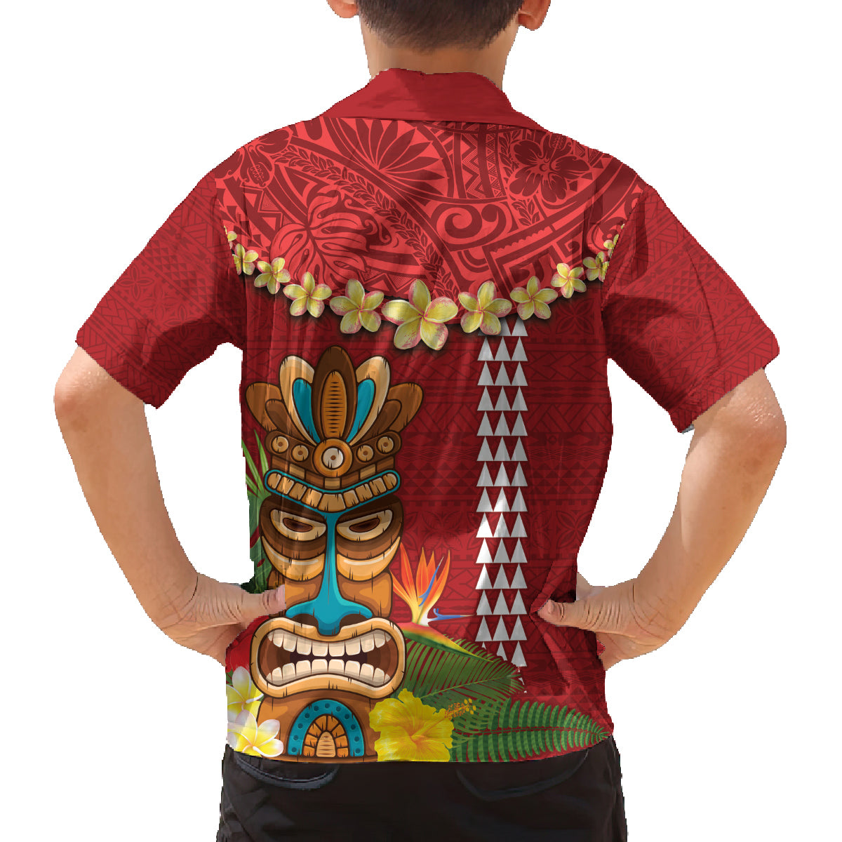 Hawaii Plumeria Lei Family Matching Puletasi and Hawaiian Shirt Tiki and Kakau Pattern Red Color LT03 - Polynesian Pride