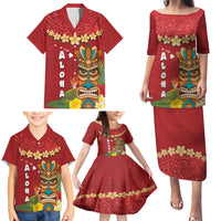 Hawaii Plumeria Lei Family Matching Puletasi and Hawaiian Shirt Tiki and Kakau Pattern Red Color LT03 - Polynesian Pride