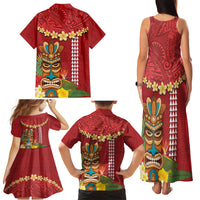Hawaii Plumeria Lei Family Matching Tank Maxi Dress and Hawaiian Shirt Tiki and Kakau Pattern Red Color