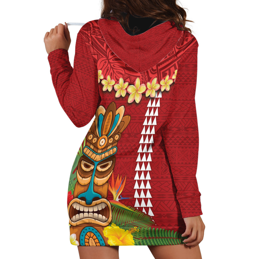 Hawaii Plumeria Lei Hoodie Dress Tiki and Kakau Pattern Red Color LT03 - Polynesian Pride