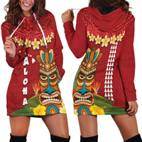 Hawaii Plumeria Lei Hoodie Dress Tiki and Kakau Pattern Red Color LT03 - Polynesian Pride