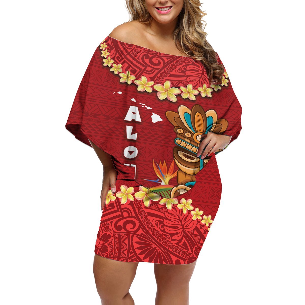 Hawaii Plumeria Lei Off Shoulder Short Dress Tiki and Kakau Pattern Red Color LT03 Women Red - Polynesian Pride