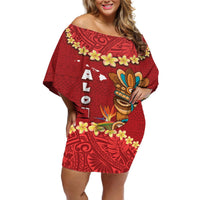 Hawaii Plumeria Lei Off Shoulder Short Dress Tiki and Kakau Pattern Red Color LT03 Women Red - Polynesian Pride