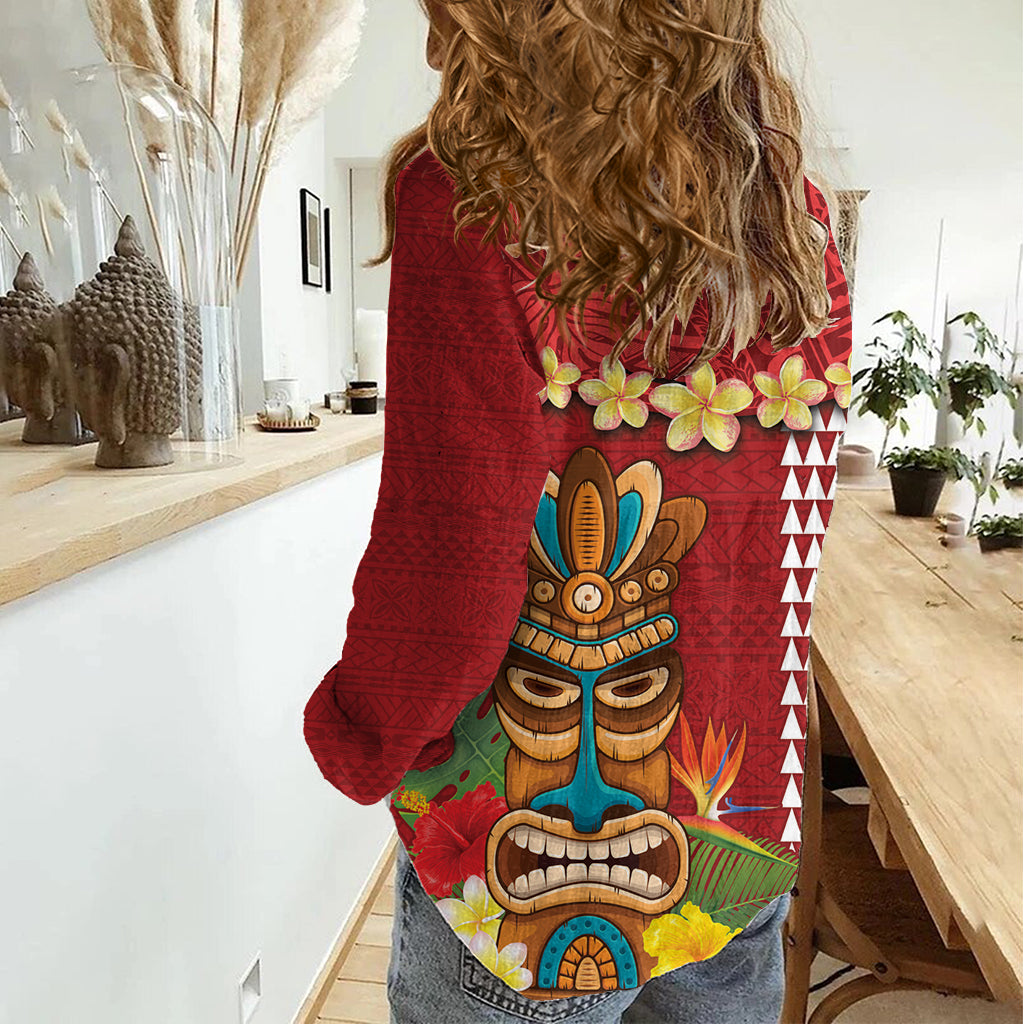Hawaii Plumeria Lei Women Casual Shirt Tiki and Kakau Pattern Red Color LT03 - Polynesian Pride