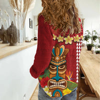 Hawaii Plumeria Lei Women Casual Shirt Tiki and Kakau Pattern Red Color LT03 - Polynesian Pride