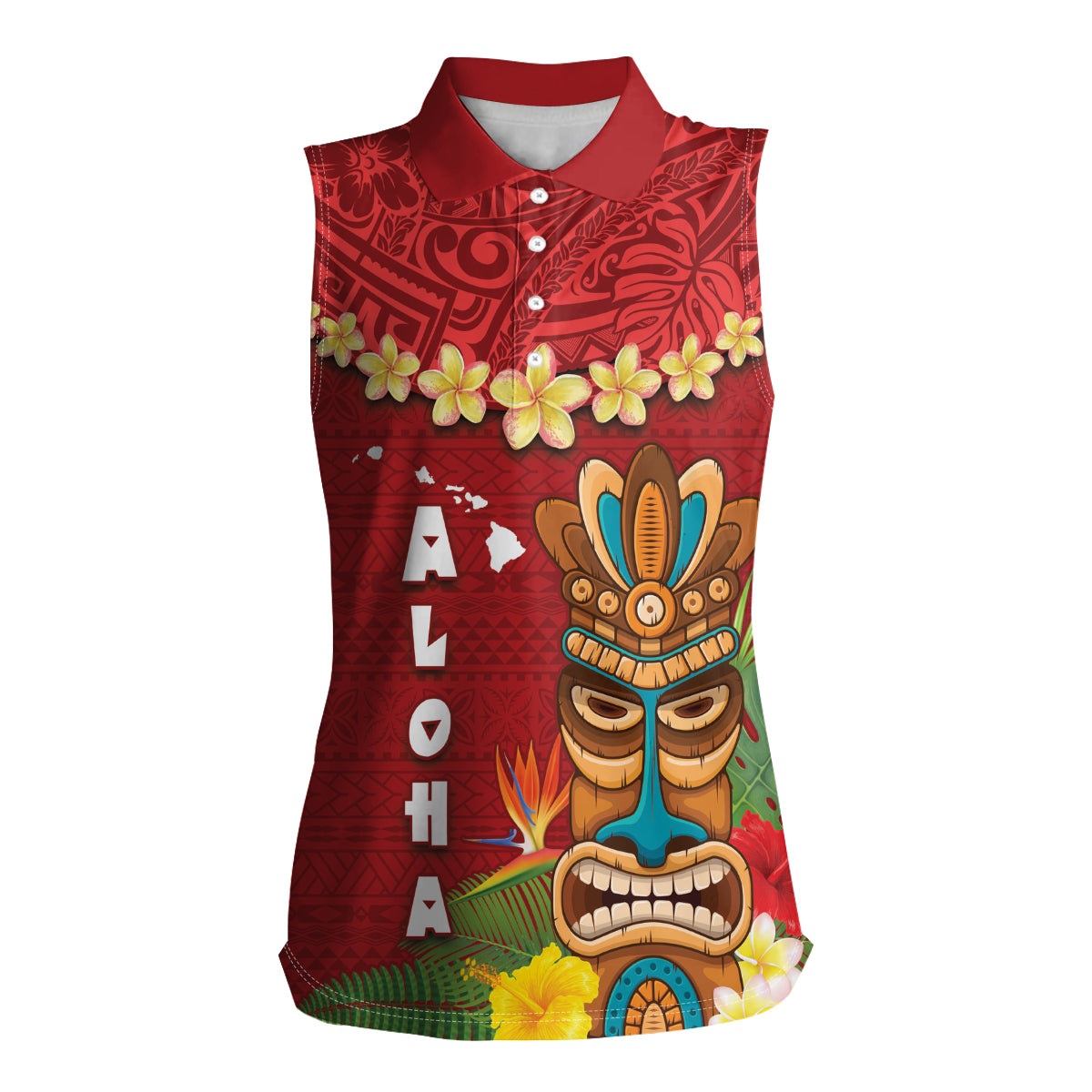 Hawaii Plumeria Lei Women Sleeveless Polo Shirt Tiki and Kakau Pattern Red Color LT03 Female Red - Polynesian Pride