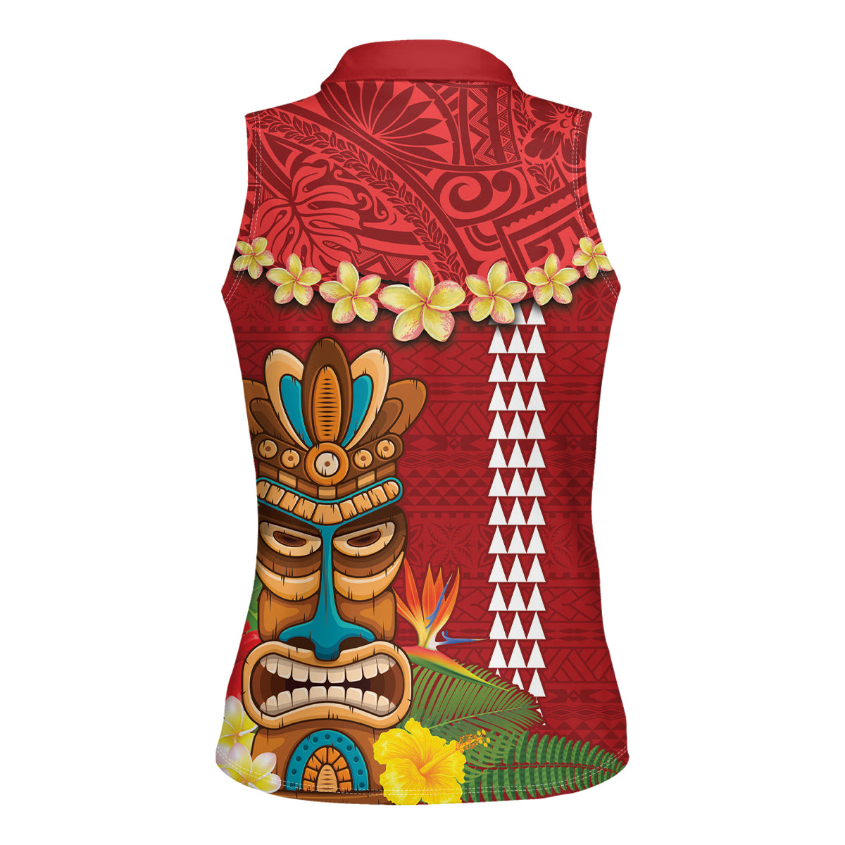 Hawaii Plumeria Lei Women Sleeveless Polo Shirt Tiki and Kakau Pattern Red Color LT03 - Polynesian Pride