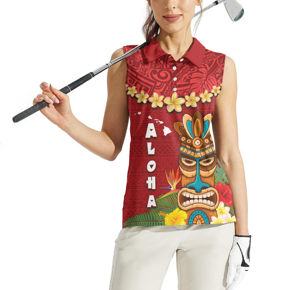 Hawaii Plumeria Lei Women Sleeveless Polo Shirt Tiki and Kakau Pattern Red Color LT03 - Polynesian Pride