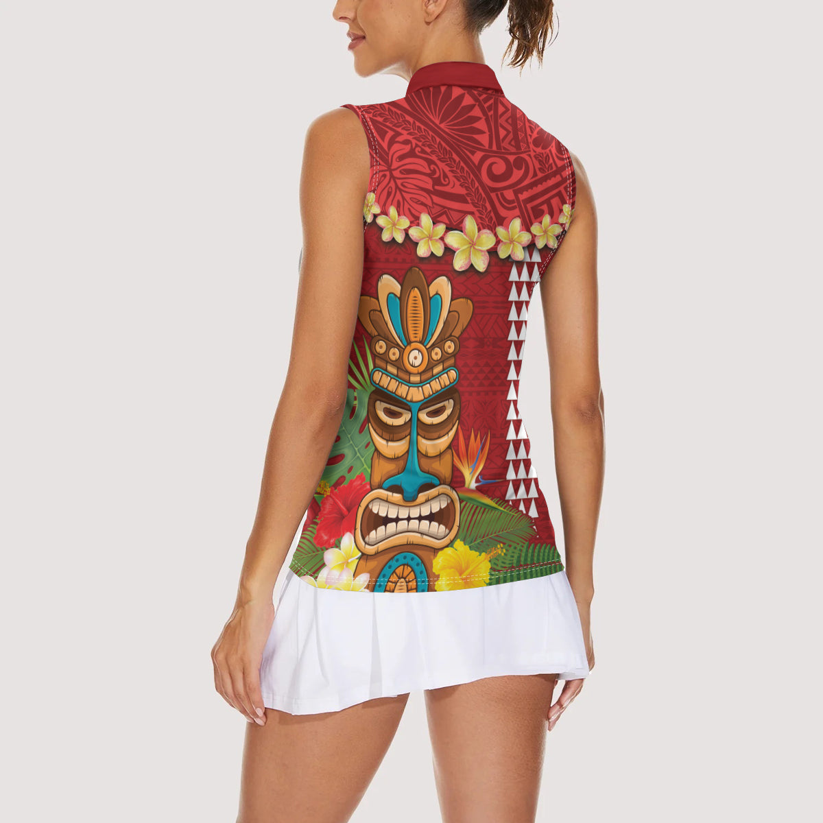 Hawaii Plumeria Lei Women Sleeveless Polo Shirt Tiki and Kakau Pattern Red Color LT03 - Polynesian Pride
