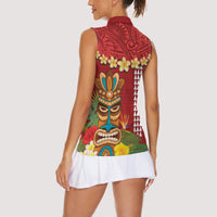 Hawaii Plumeria Lei Women Sleeveless Polo Shirt Tiki and Kakau Pattern Red Color LT03 - Polynesian Pride