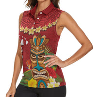Hawaii Plumeria Lei Women Sleeveless Polo Shirt Tiki and Kakau Pattern Red Color LT03 - Polynesian Pride