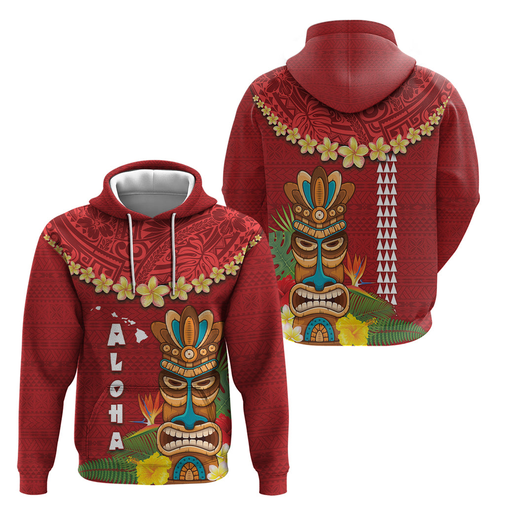 Hawaii Plumeria Lei Zip Hoodie Tiki and Kakau Pattern Red Color