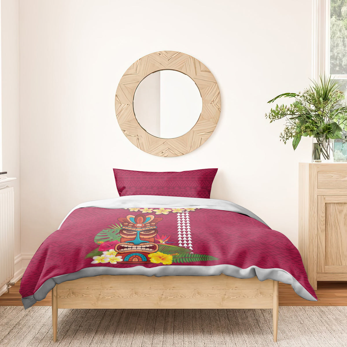 Hawaii Plumeria Lei Bedding Set Tiki and Kakau Pattern Pink Color