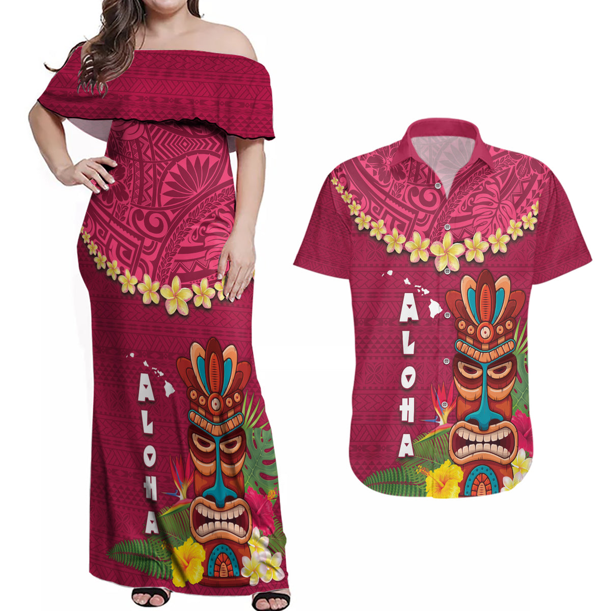 Hawaii Plumeria Lei Couples Matching Off Shoulder Maxi Dress and Hawaiian Shirt Tiki and Kakau Pattern Pink Color LT03 Pink - Polynesian Pride