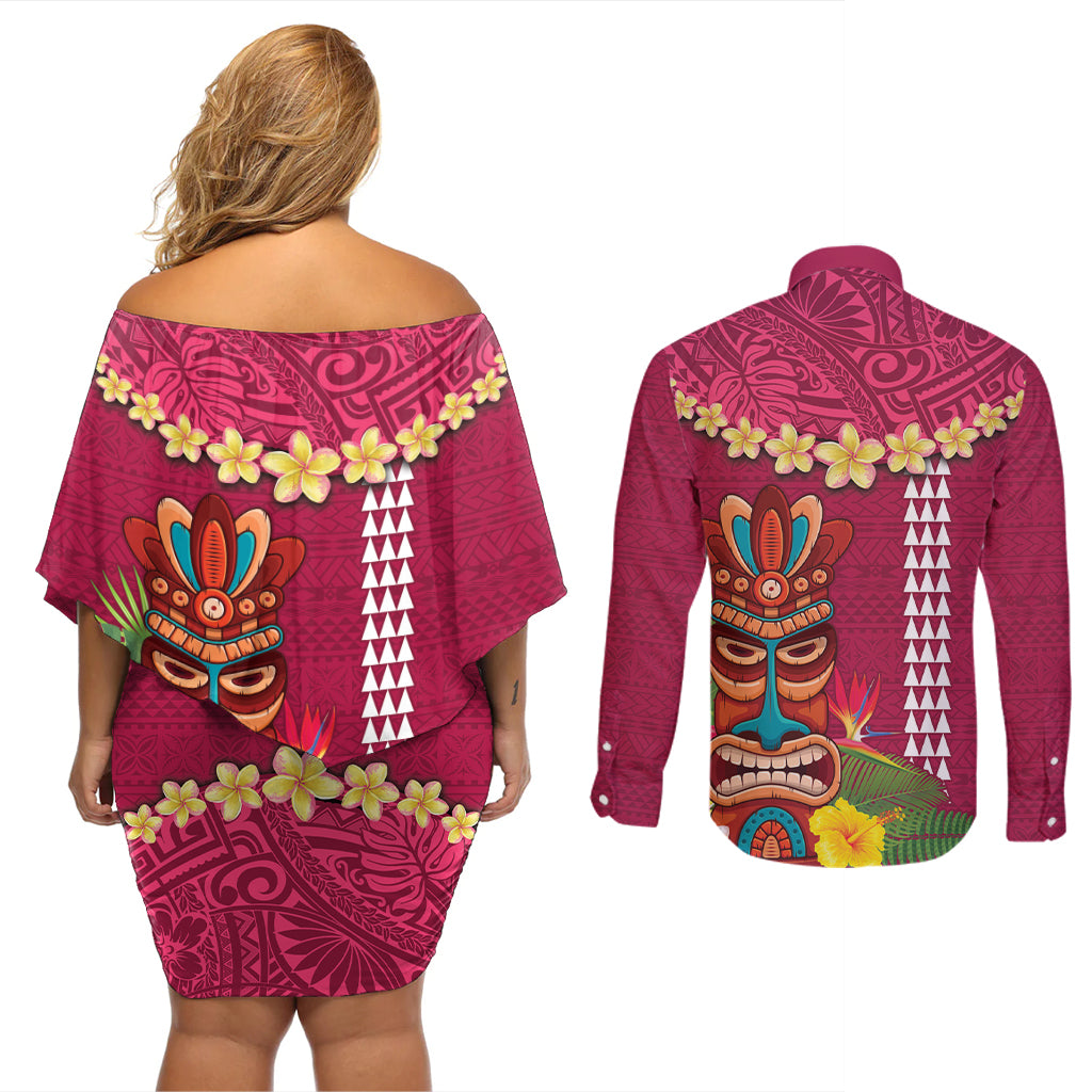 Hawaii Plumeria Lei Couples Matching Off Shoulder Short Dress and Long Sleeve Button Shirt Tiki and Kakau Pattern Pink Color