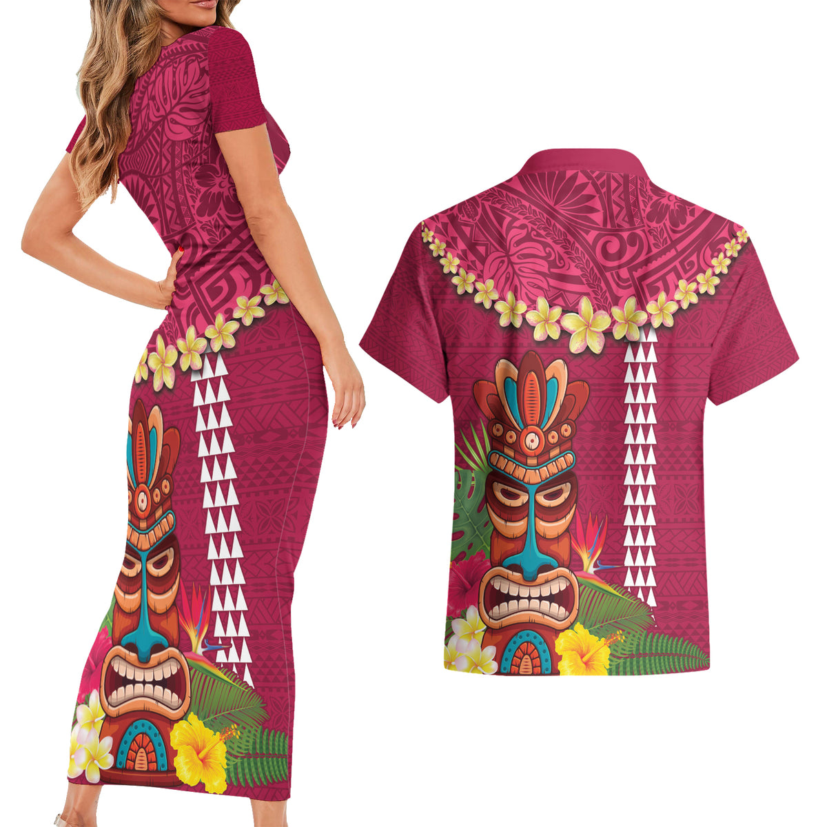 Hawaii Plumeria Lei Couples Matching Short Sleeve Bodycon Dress and Hawaiian Shirt Tiki and Kakau Pattern Pink Color LT03 - Polynesian Pride