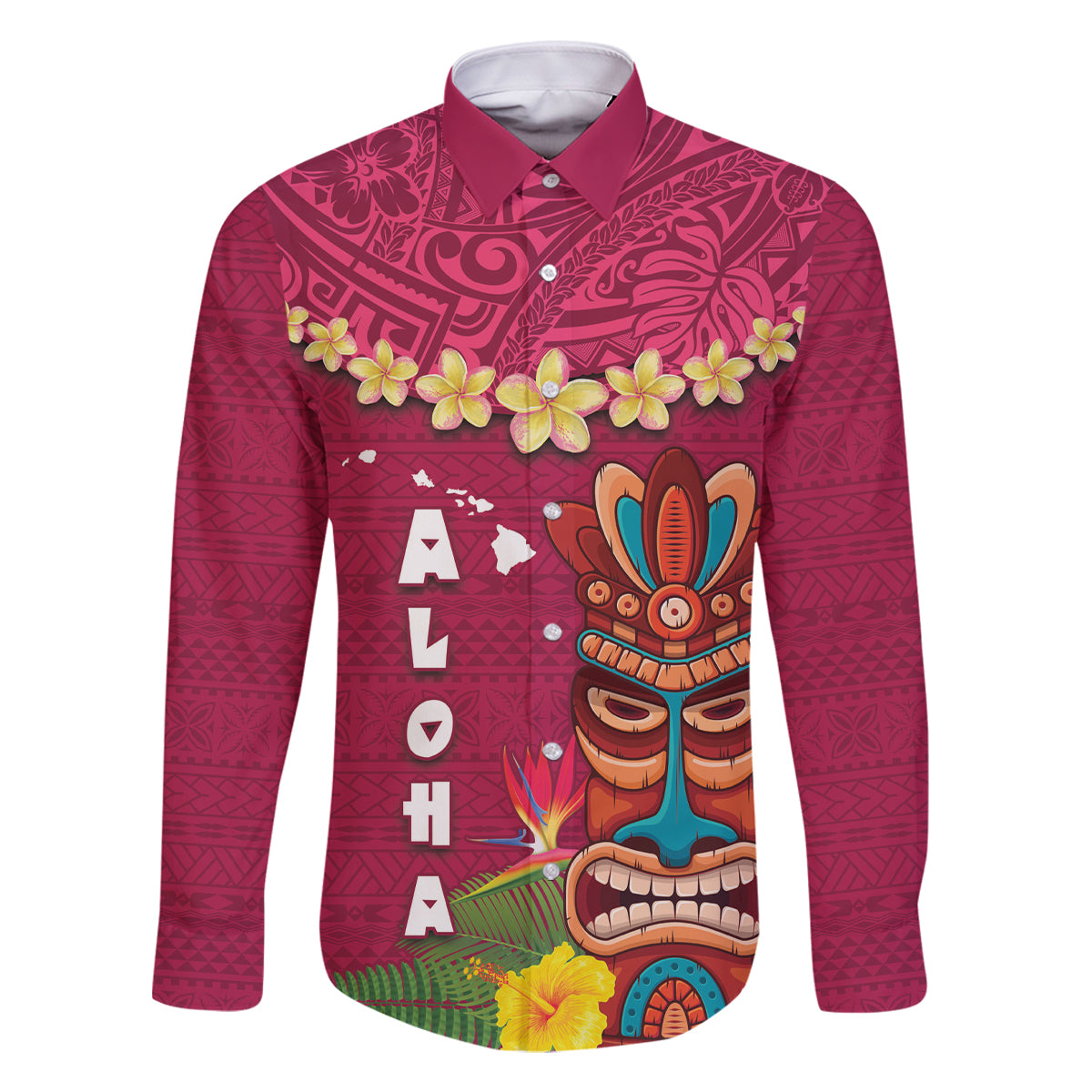 Hawaii Plumeria Lei Family Matching Mermaid Dress and Hawaiian Shirt Tiki and Kakau Pattern Pink Color LT03 Dad's Shirt - Long Sleeve Pink - Polynesian Pride