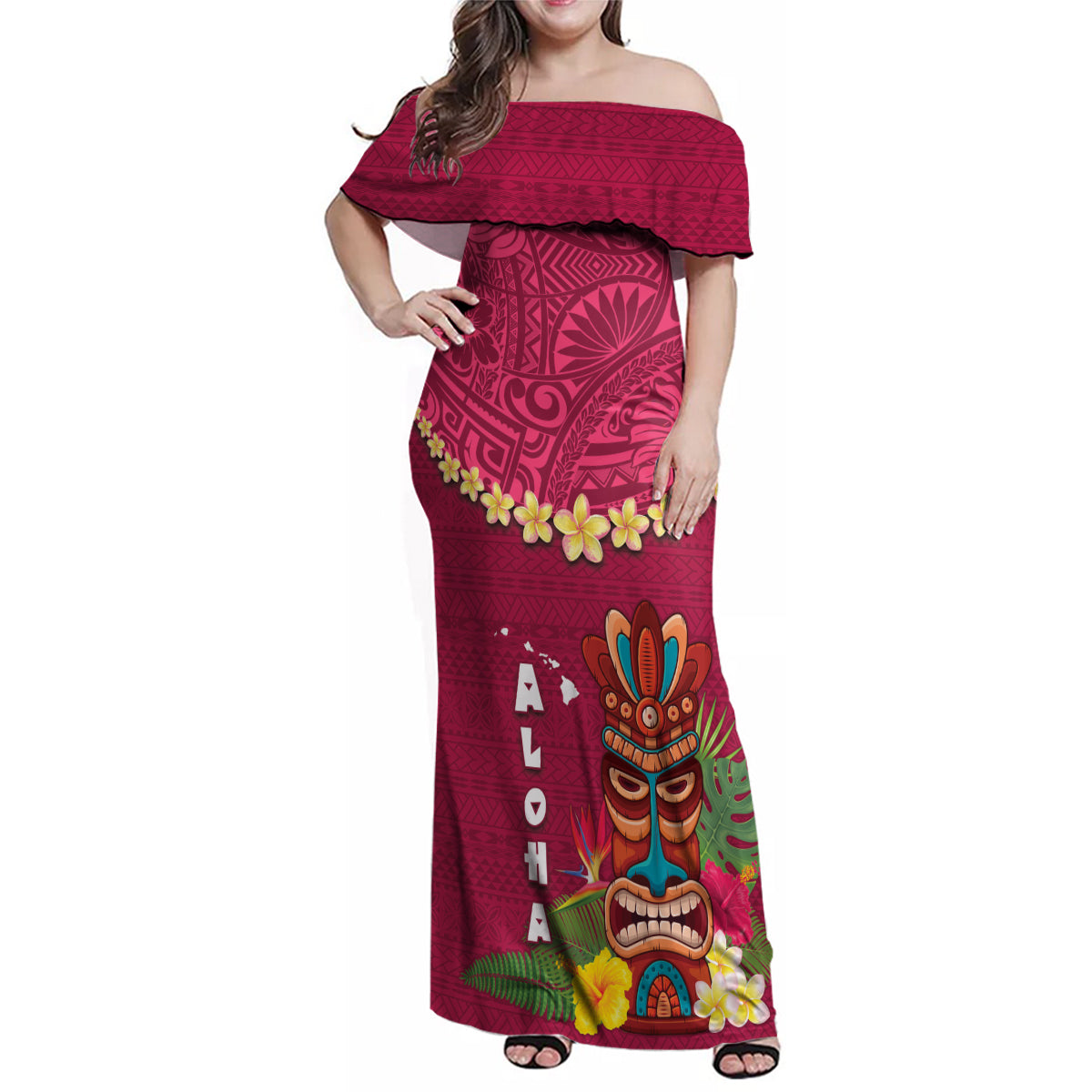 Hawaii Plumeria Lei Family Matching Off Shoulder Maxi Dress and Hawaiian Shirt Tiki and Kakau Pattern Pink Color LT03 Mom's Dress Pink - Polynesian Pride