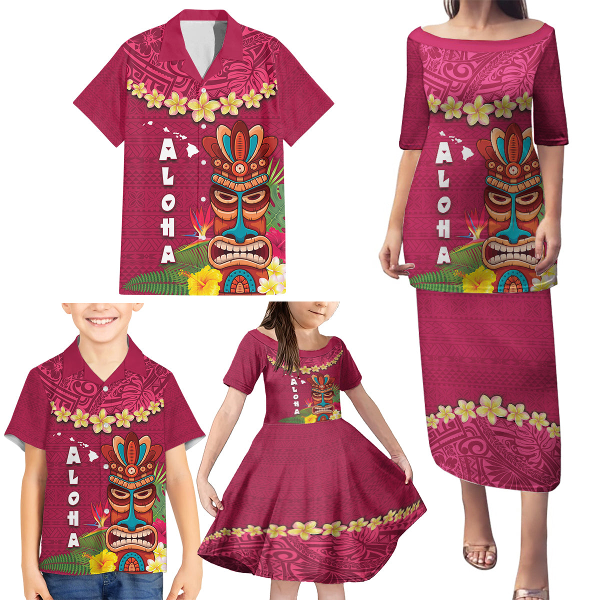 Hawaii Plumeria Lei Family Matching Puletasi and Hawaiian Shirt Tiki and Kakau Pattern Pink Color LT03 - Polynesian Pride