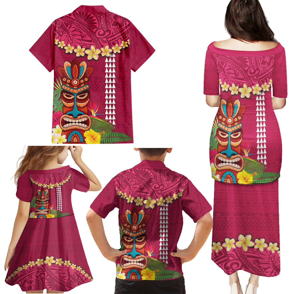 Hawaii Plumeria Lei Family Matching Puletasi and Hawaiian Shirt Tiki and Kakau Pattern Pink Color LT03 - Polynesian Pride