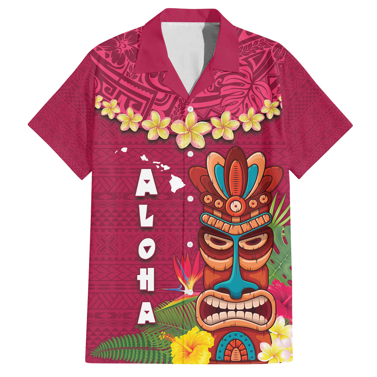 Hawaii Plumeria Lei Family Matching Puletasi and Hawaiian Shirt Tiki and Kakau Pattern Pink Color LT03 Dad's Shirt - Short Sleeve Pink - Polynesian Pride
