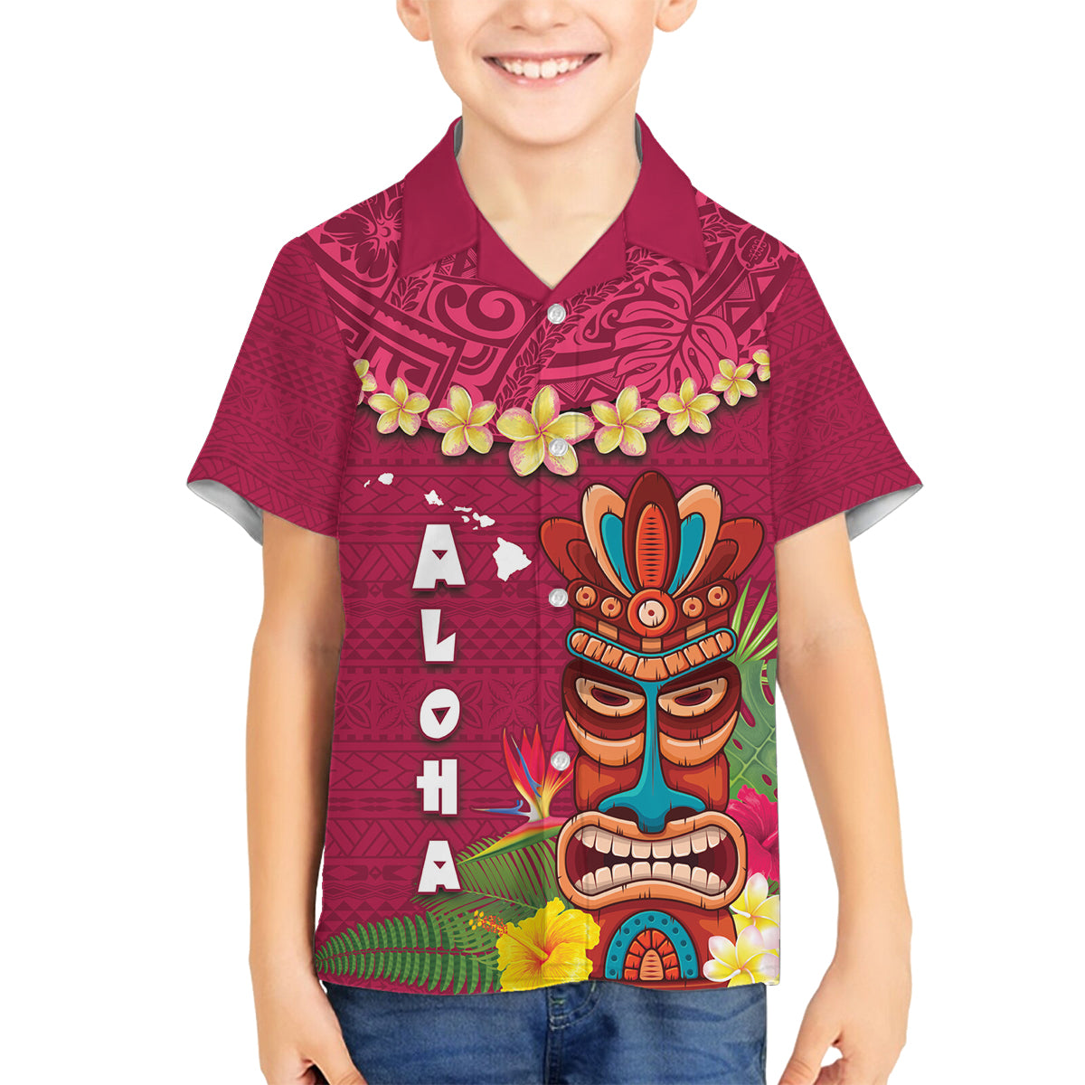 Hawaii Plumeria Lei Family Matching Puletasi and Hawaiian Shirt Tiki and Kakau Pattern Pink Color LT03 Son's Shirt Pink - Polynesian Pride