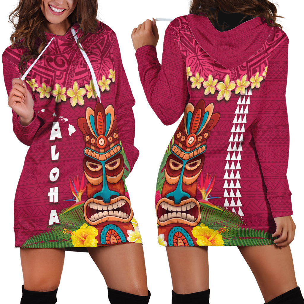 Hawaii Plumeria Lei Hoodie Dress Tiki and Kakau Pattern Pink Color LT03 - Polynesian Pride