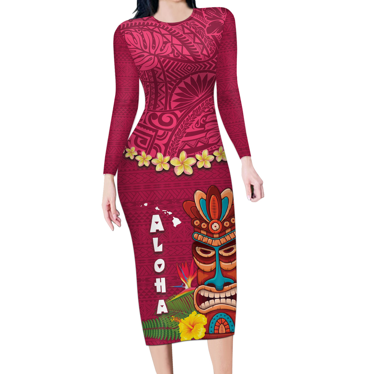 Hawaii Plumeria Lei Long Sleeve Bodycon Dress Tiki and Kakau Pattern Pink Color LT03 Long Dress Pink - Polynesian Pride
