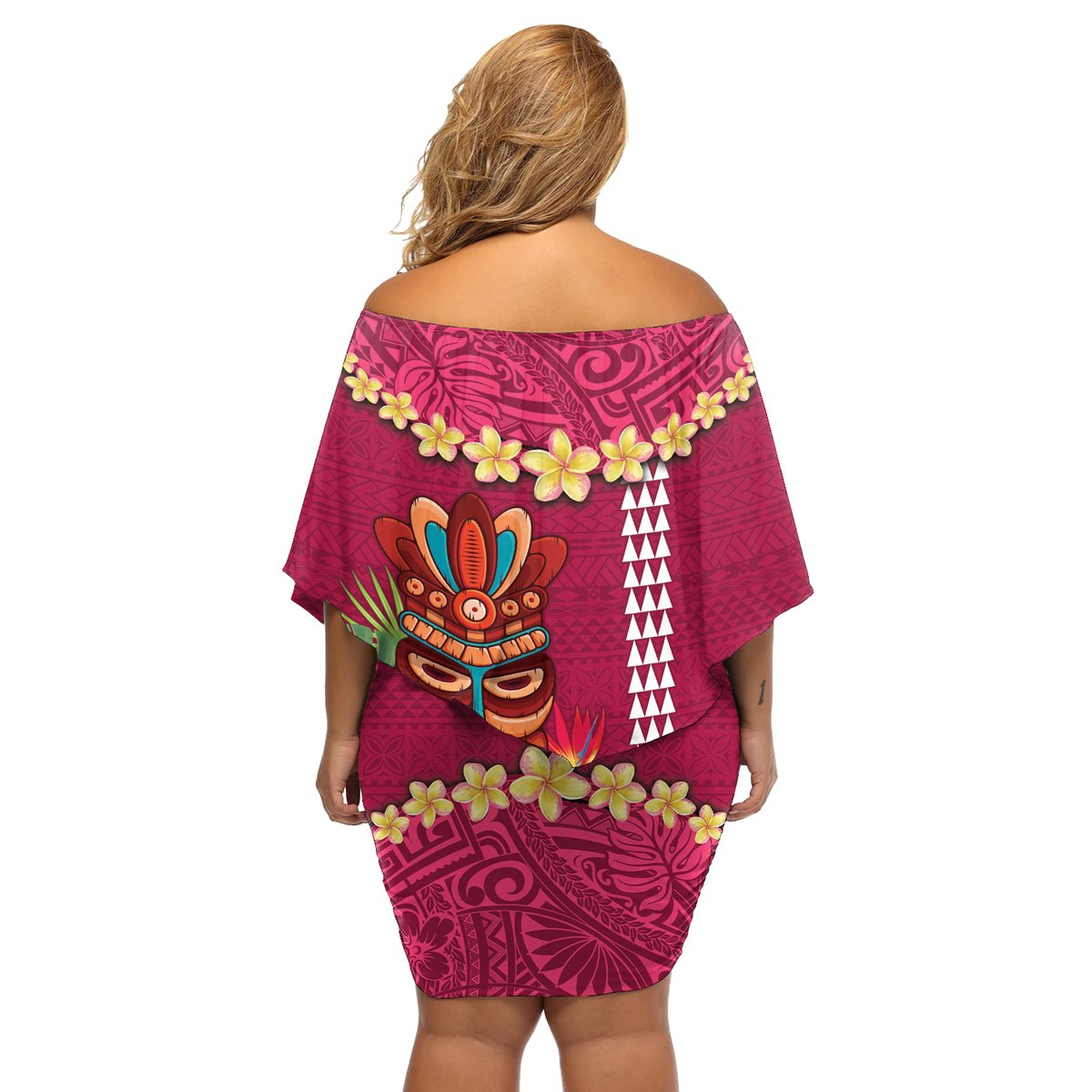Hawaii Plumeria Lei Off Shoulder Short Dress Tiki and Kakau Pattern Pink Color