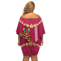 Hawaii Plumeria Lei Off Shoulder Short Dress Tiki and Kakau Pattern Pink Color