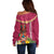 Hawaii Plumeria Lei Off Shoulder Sweater Tiki and Kakau Pattern Pink Color