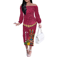 Hawaii Plumeria Lei Off The Shoulder Long Sleeve Dress Tiki and Kakau Pattern Pink Color LT03 Women Pink - Polynesian Pride