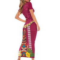 Hawaii Plumeria Lei Short Sleeve Bodycon Dress Tiki and Kakau Pattern Pink Color LT03 - Polynesian Pride