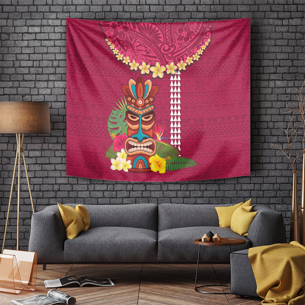 Hawaii Plumeria Lei Tapestry Tiki and Kakau Pattern Pink Color LT03 - Polynesian Pride