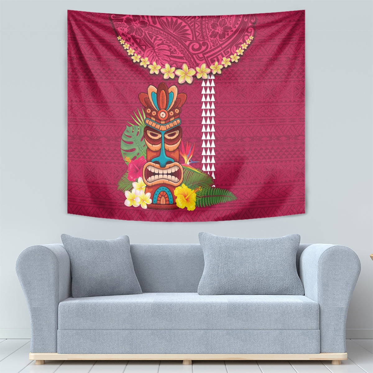 Hawaii Plumeria Lei Tapestry Tiki and Kakau Pattern Pink Color LT03 - Polynesian Pride
