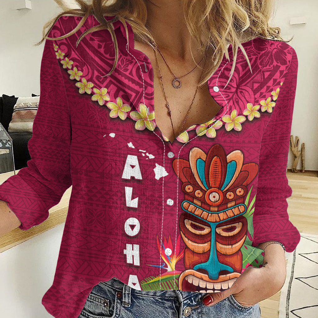 Hawaii Plumeria Lei Women Casual Shirt Tiki and Kakau Pattern Pink Color LT03 Female Pink - Polynesian Pride
