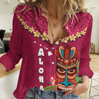 Hawaii Plumeria Lei Women Casual Shirt Tiki and Kakau Pattern Pink Color LT03 Female Pink - Polynesian Pride