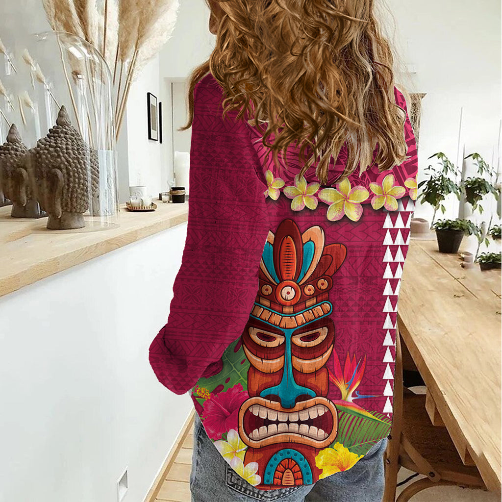 Hawaii Plumeria Lei Women Casual Shirt Tiki and Kakau Pattern Pink Color LT03 - Polynesian Pride