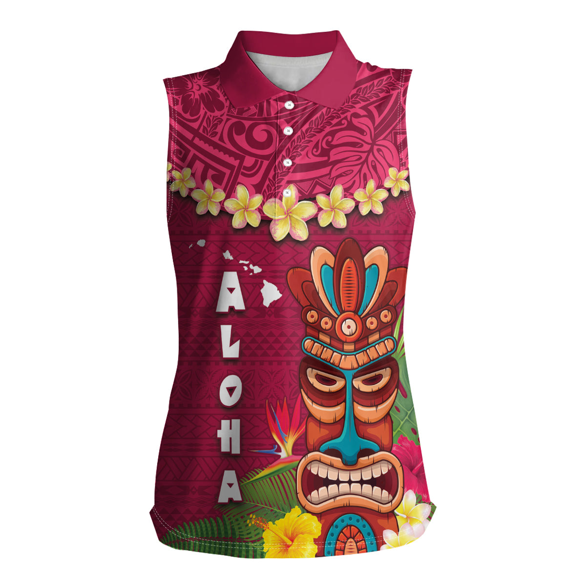 Hawaii Plumeria Lei Women Sleeveless Polo Shirt Tiki and Kakau Pattern Pink Color LT03 Female Pink - Polynesian Pride