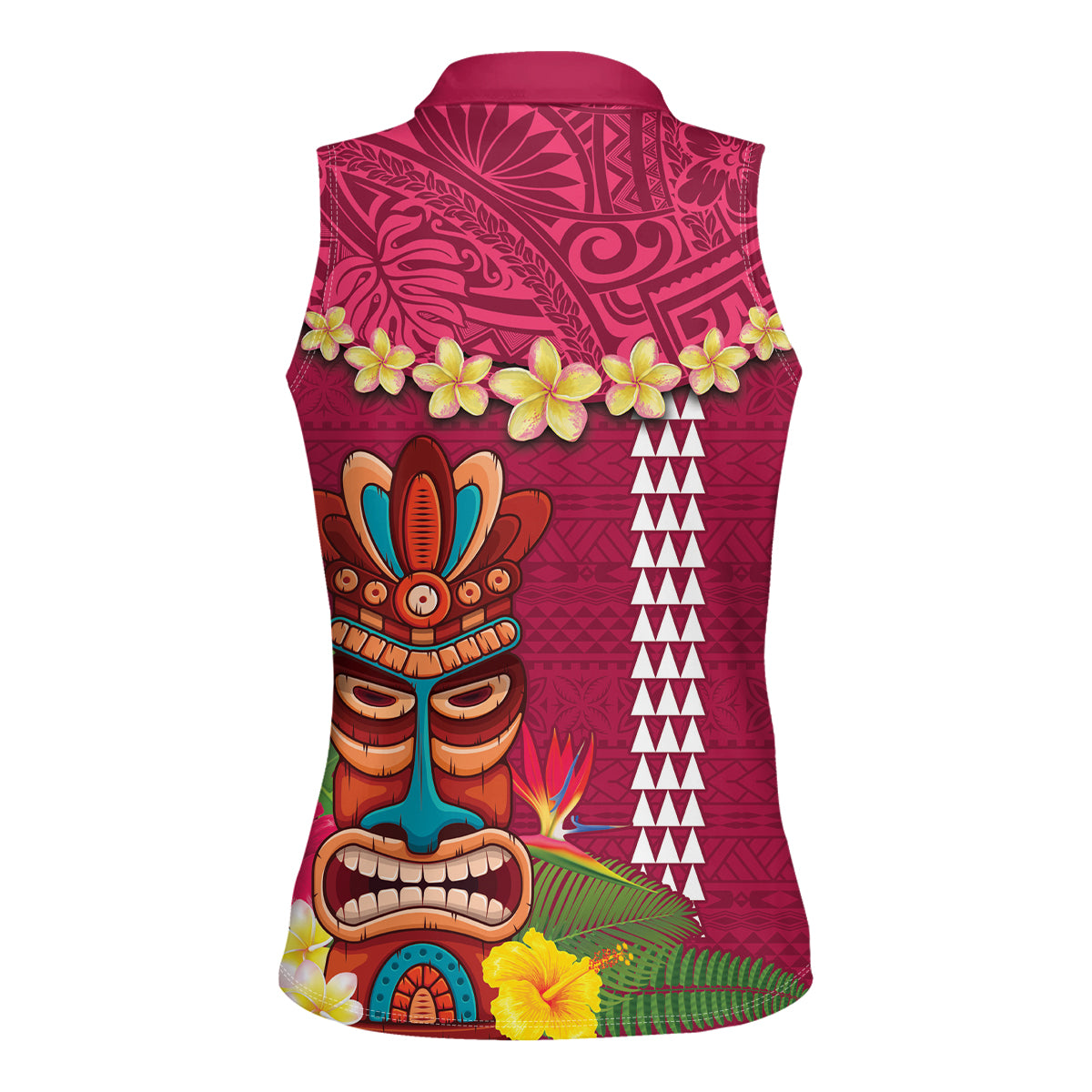 Hawaii Plumeria Lei Women Sleeveless Polo Shirt Tiki and Kakau Pattern Pink Color LT03 - Polynesian Pride