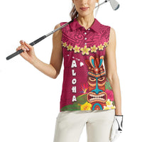 Hawaii Plumeria Lei Women Sleeveless Polo Shirt Tiki and Kakau Pattern Pink Color LT03 - Polynesian Pride