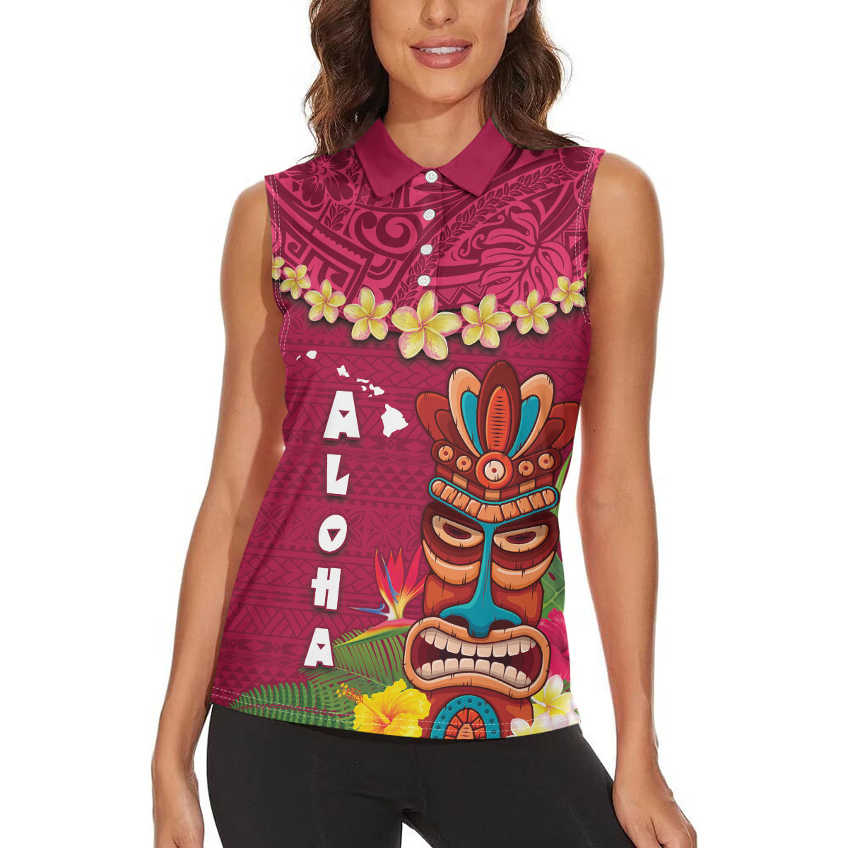 Hawaii Plumeria Lei Women Sleeveless Polo Shirt Tiki and Kakau Pattern Pink Color LT03 - Polynesian Pride
