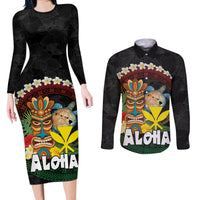 Aloha Hawaii Couples Matching Long Sleeve Bodycon Dress and Long Sleeve Button Shirt Kanaka Maoli with Polynesian Spiral Plumeria