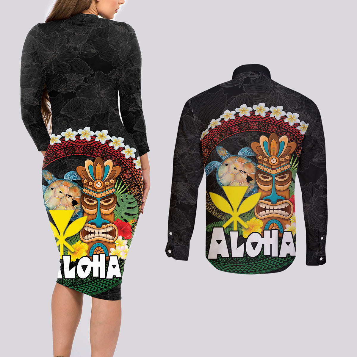 Aloha Hawaii Couples Matching Long Sleeve Bodycon Dress and Long Sleeve Button Shirt Kanaka Maoli with Polynesian Spiral Plumeria