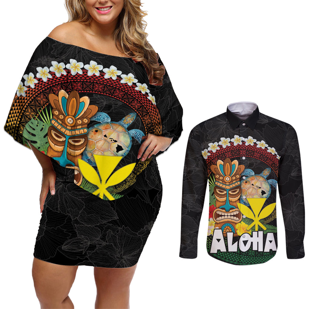 Aloha Hawaii Couples Matching Off Shoulder Short Dress and Long Sleeve Button Shirt Kanaka Maoli with Polynesian Spiral Plumeria