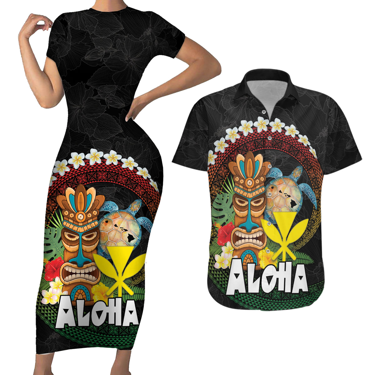 Aloha Hawaii Couples Matching Short Sleeve Bodycon Dress and Hawaiian Shirt Kanaka Maoli with Polynesian Spiral Plumeria LT03 Black - Polynesian Pride