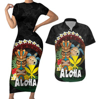 Aloha Hawaii Couples Matching Short Sleeve Bodycon Dress and Hawaiian Shirt Kanaka Maoli with Polynesian Spiral Plumeria LT03 Black - Polynesian Pride