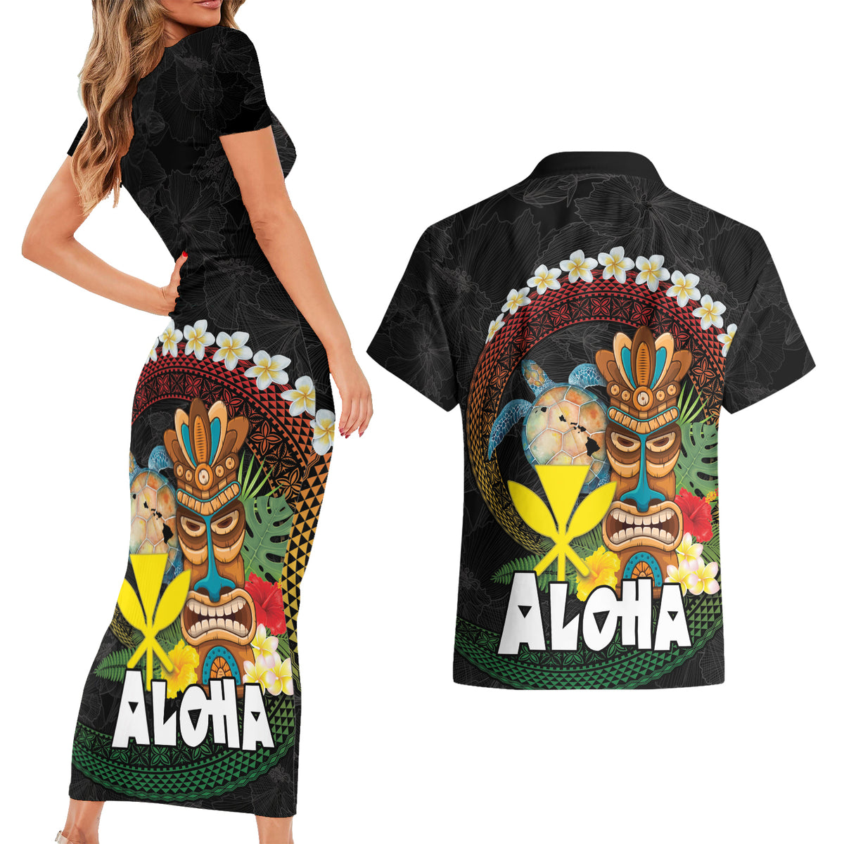 Aloha Hawaii Couples Matching Short Sleeve Bodycon Dress and Hawaiian Shirt Kanaka Maoli with Polynesian Spiral Plumeria LT03 - Polynesian Pride