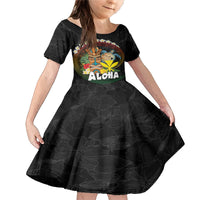 Aloha Hawaii Family Matching Mermaid Dress and Hawaiian Shirt Kanaka Maoli with Polynesian Spiral Plumeria LT03 Daughter's Dress Black - Polynesian Pride